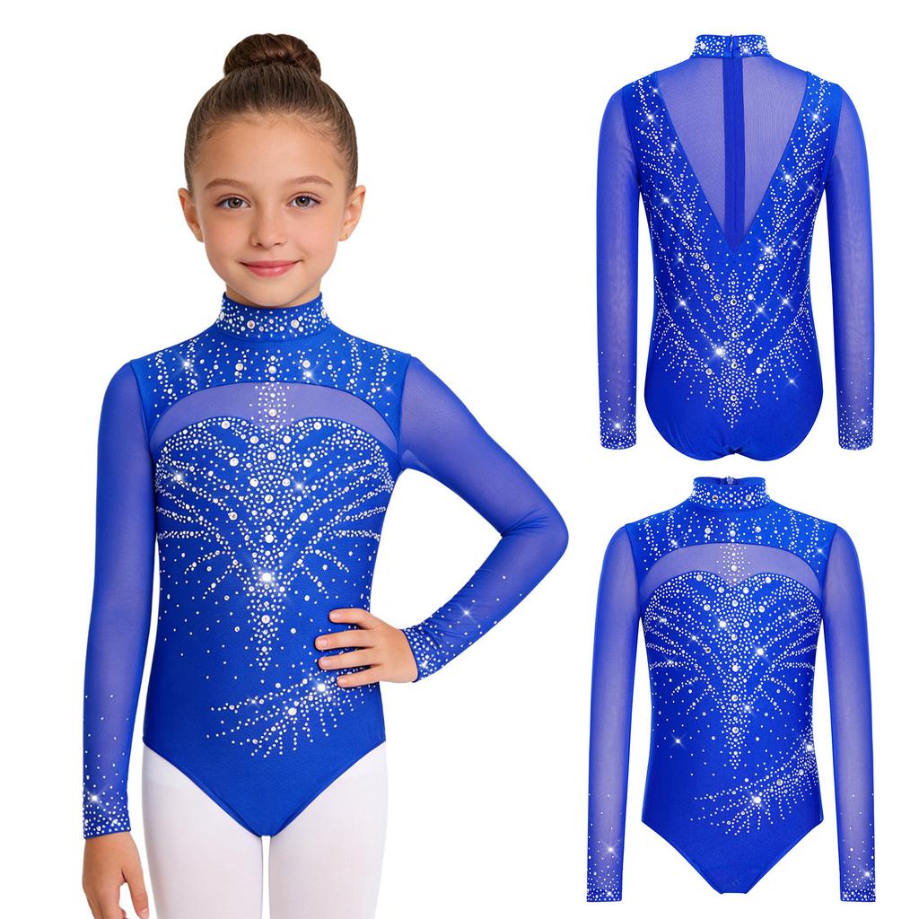Dívčí trikot s rolákem a dlouhým rukávem, síťované díly, třpytivé kamínky, skrytý zip na zádech, gymnastický body