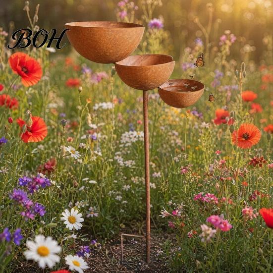 Rustic Iron Garden Decor 3 Tiered Cascading Rain Catcher Bird Bath, Metal Stake Water Three-level Waterfall Feeder Bowl Feeder, Outdoor Pollinator