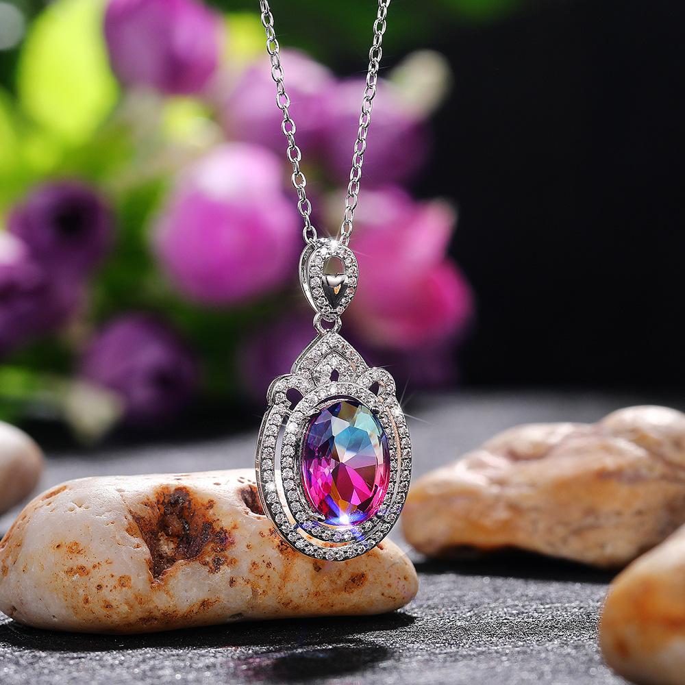 Silver Plated Oval Cut Rainbow CZ Pendant Necklace, Double Halo Cable Chain Necklace for Women