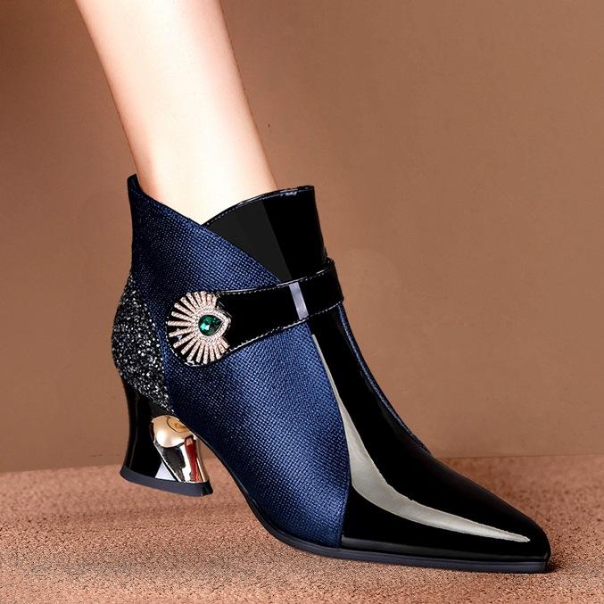 

Настоящая мягкая кожа Европейский и американский стиль и зарубежный стиль популярны осенью и зимой, новые полусапожки на среднем каблуке из настоящей мягкой кожи 40 королевский синий