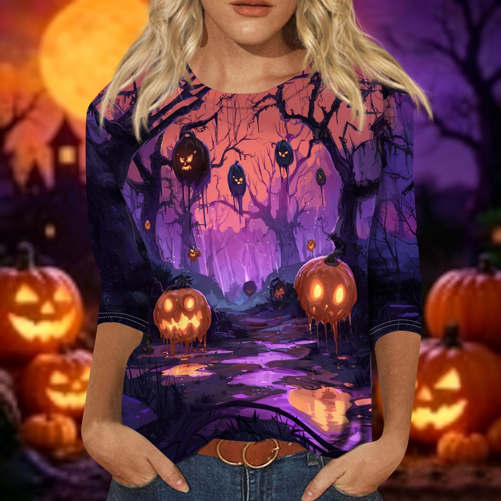 Women s Casual 3/4 Sleeve Halloween Themed Print Round Neck Top for Halloween Parties S