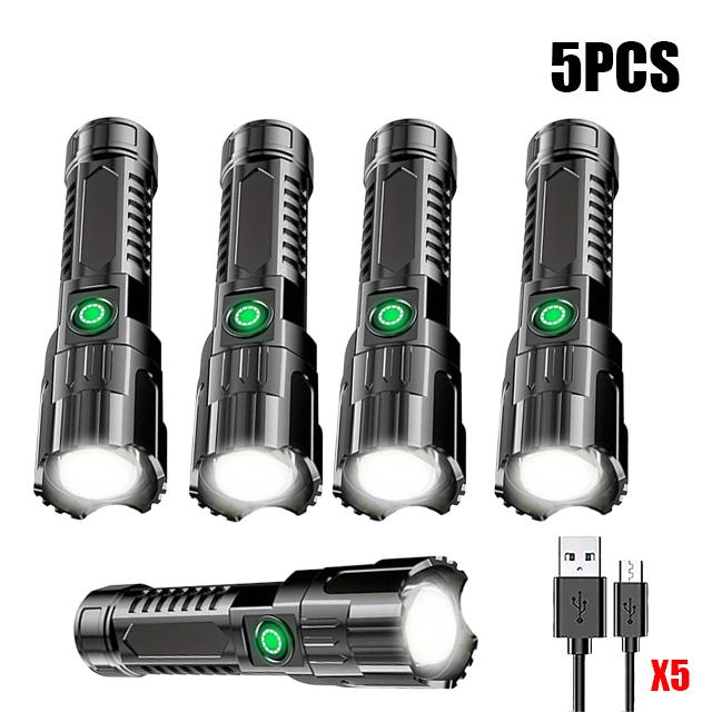 Portable LED Strong Light Flashlight Built-in Battery USB Rechargeable Telescopic Zoom Torch Outdoor Camping Hiking Cycling Lamp