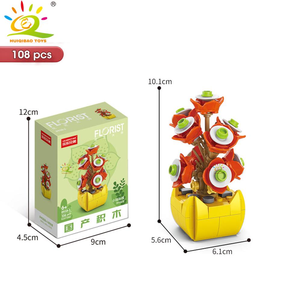 HUIQIBAO MOC Flower Succulent Potted Model Building Block DIY Eternal Bouquet Home Desk Plant Decor Brick Girl Gift Children Toy