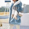 Jaqueta Feminina da Moda em Pelúcia Patchwork com Bolso com Zíper, Capuz e Manga Comprida Solta e Quente