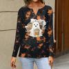 Women's Casual Long Sleeve T-Shirt with Halloween Print V-Neck and Button