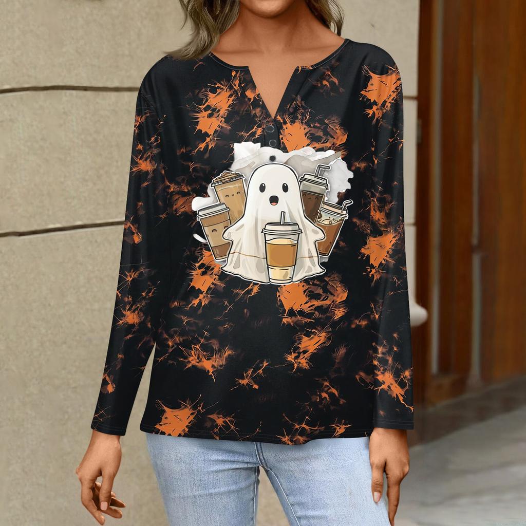 Women's Casual Long Sleeve T-Shirt with Halloween Print V-Neck and Button