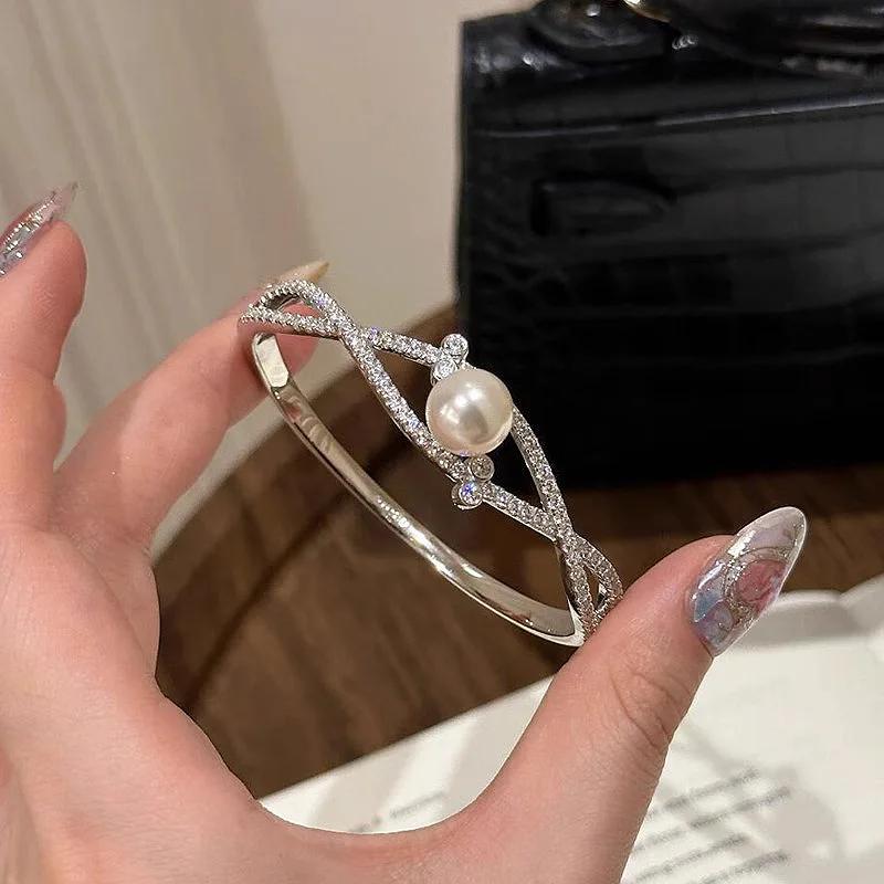 Original silver  Diamond inlay White Pearl bangles for women Fashion and Elegant Hollow out bracelets Wedding  Gift