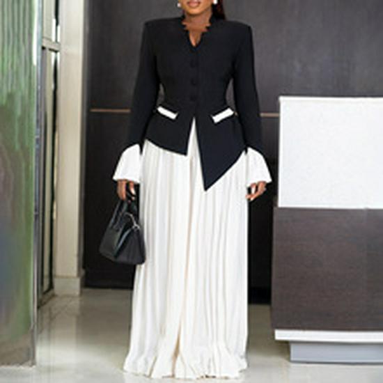 Women's Summer Fashion Print Dress with Turn-Down Collar and Long Sleeves