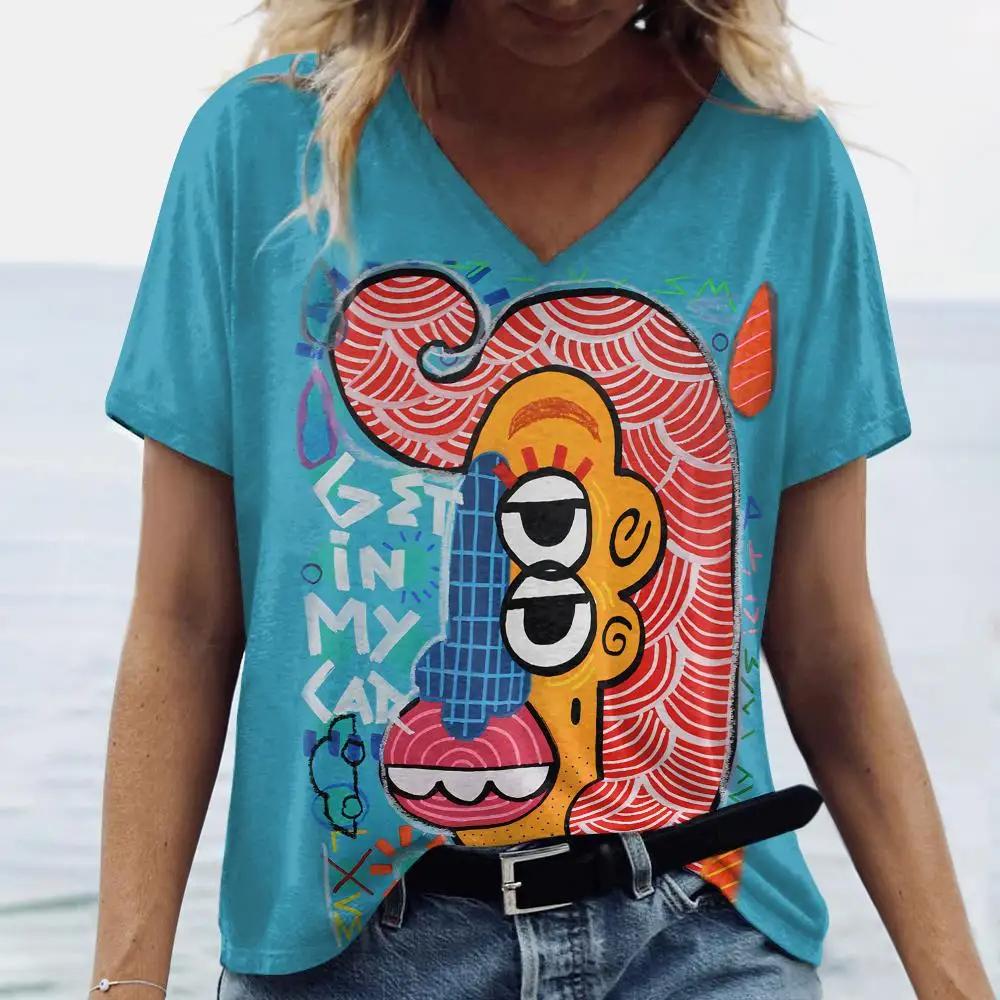 Letní dámské módní tričko Exagerovaný umělecký potisk Topy Trička Dámské Vintage Krátký rukáv Oblečení Dámské Denní Ležérní Streetwear