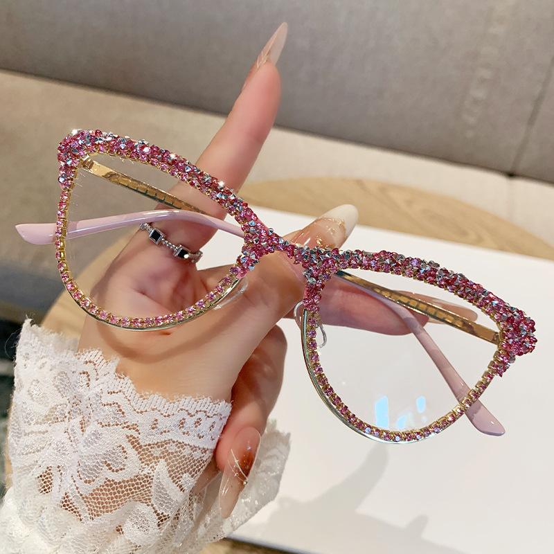 New European and American metal cat eye glasses women's high sense small broken diamond fashion *** light glasses