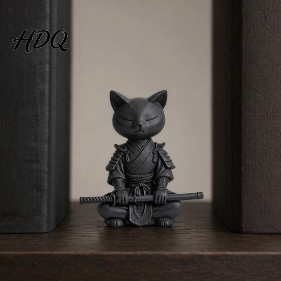 Cat Themed Home Decor 3D Printed Knight Figurine Meditating Desk with Zen