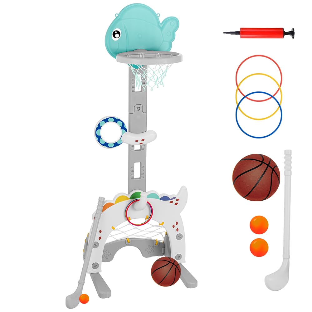 

SFUN Баскетбольное кольцо для игры в помещении, регулируемое по высоте, 5-в-1, для детей, баскетбол/футбол/гольф/броски колец/броски мяча, (Рыбы)