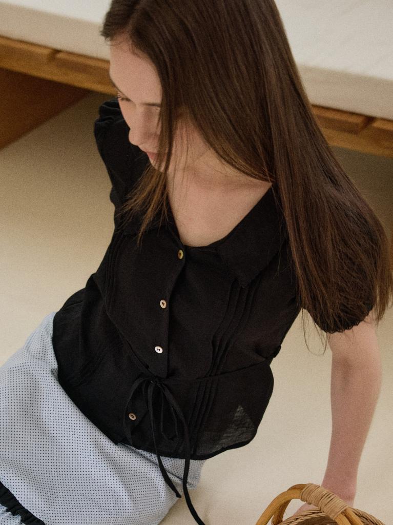 Endeopobeu Pintuck Lace Half Sheer Shirt Blouse _ Black