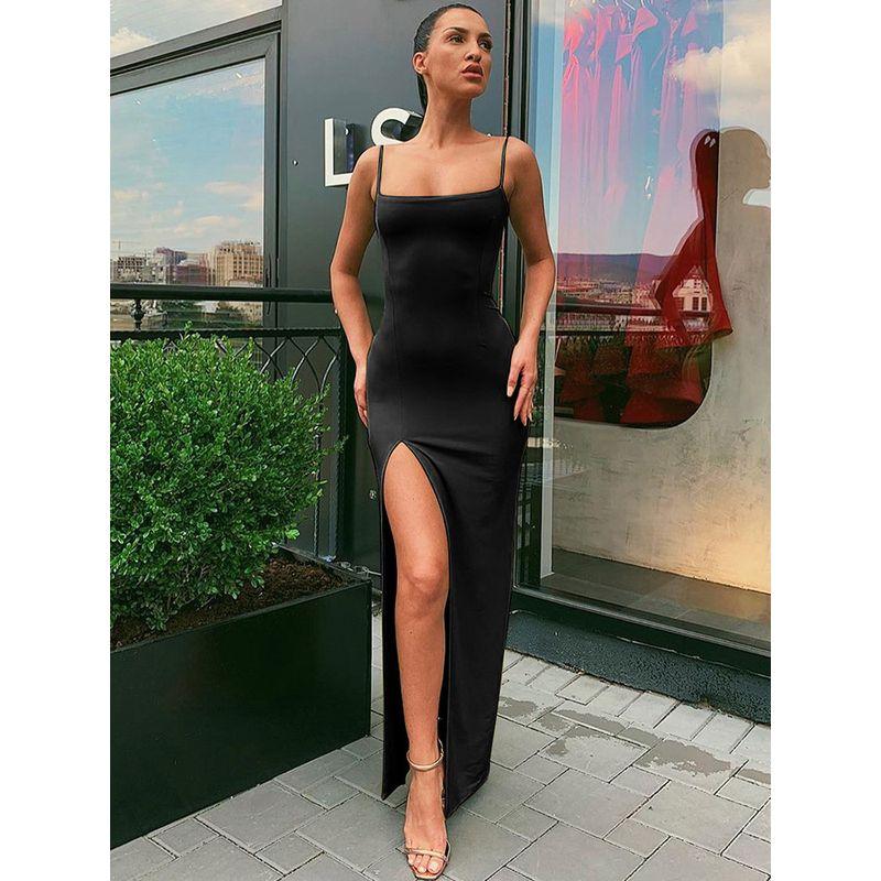 Europe and America Cross Border New Fashion Sexy Sling Collar Slim Fit Backless Sexy Split Maxi Dress