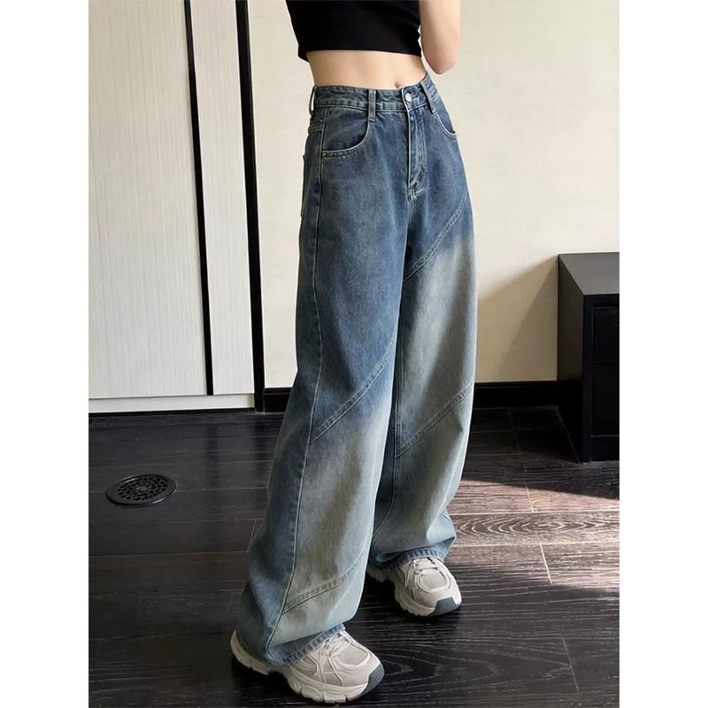 American retro high street wide-leg jeans for women's autumn loose and thin floor pants ins trendy brand design sense fried street