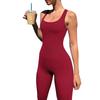Women's Square Neck Sleeveless Ribbed Bodysuit Slim Fit Mid Rise Casual Athleisure Jumpsuit