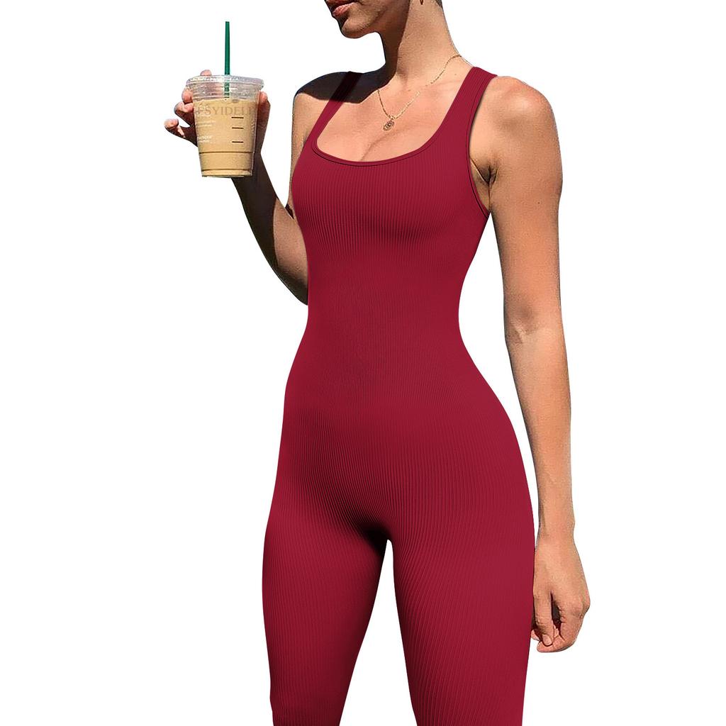 Women's Square Neck Sleeveless Ribbed Bodysuit Slim Fit Mid Rise Casual Athleisure Jumpsuit