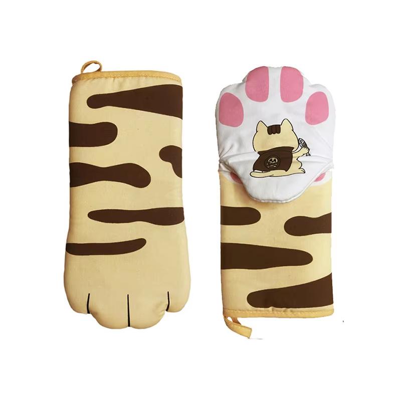Long Cotton Baking Insulation Gloves 3D Cartoon Animal Cat Paws Oven Mitts Microwave Heat Resistant Non-Slip Kitchen Gloves