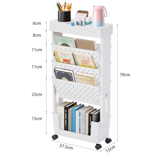 VECELO Bookshelf File Wagon Document Rack Adjustable Shelves Side Wagon Gap Storage Easy Assembly Textbook Storage Slim with Casters Large Capacity St
