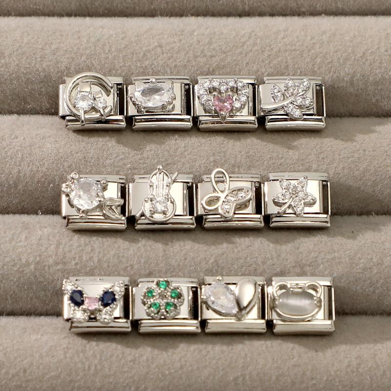 Shiny Y2K Zircon Butterfly Leaf Moon Cat Flower Fish Italian Charm Links Fit 9mm Stainless Steel Bracelet Women DIY Making Gifts