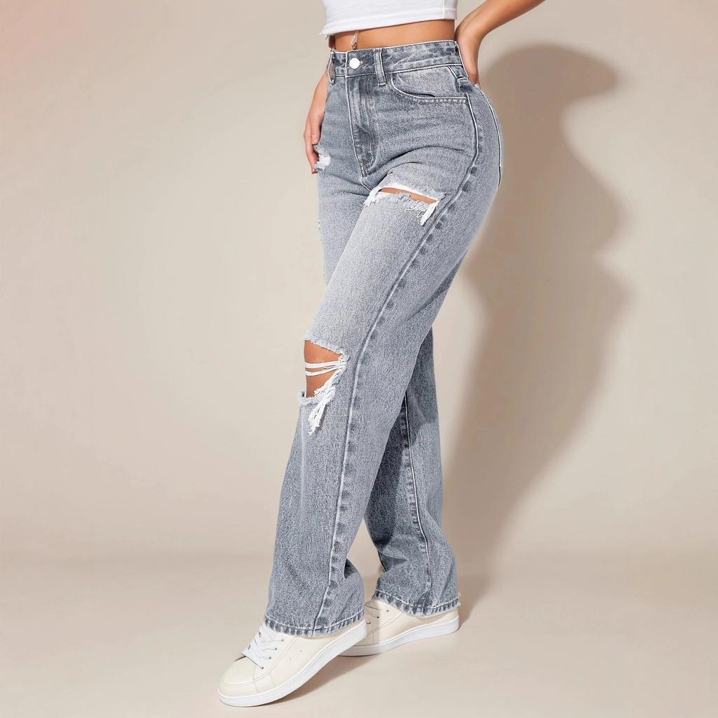 Women's Mid Rise Straight Leg Jeans Vintage Washed Ripped Loose Slim Denim Trousers Hip Hop Streetwear Long Pants