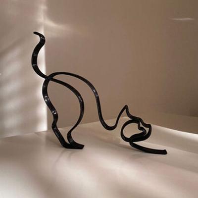 Art Minimaliste Animalier Sculpture en Fer Métal Rétro Lignes Noires Figurines Faits Main Chat Chien Abstraits Ornements Art de Bureau Décorations