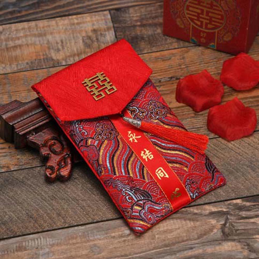 New Year Blessing Words 2025 Money Pocket Brocade Cloth Tassel New Year Money Bag Chinese Wedding