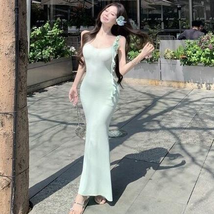 Mint Green Three-dimensional Flower Suspender Dress Women's Summer Vacation Wind Waist Pure Desire Slim Hip Fish Tail Dress