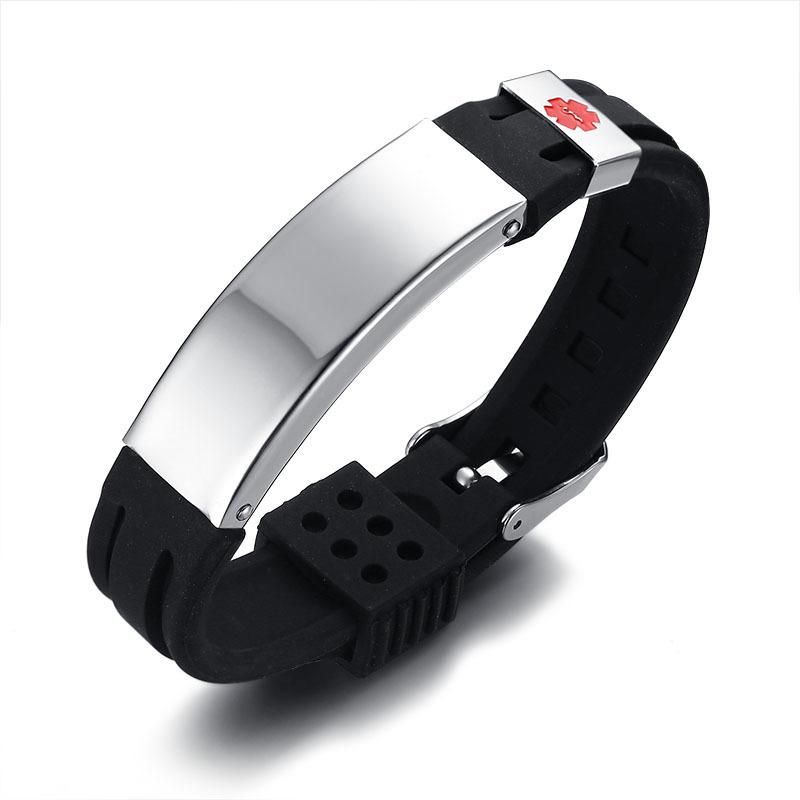 Vnox Gravure Personnalisée Gratuite Bracelet d'Identification Alerte Médicale 15mm pour Hommes Femmes Silicone Acier Inoxydable Bracelet de Montre Réglable