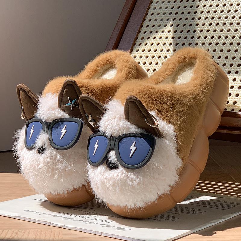

Fashion Cute Eyeglass Dog Head Fluffy Slippers Women Winter Indoor Home Thick Bottom Slippers Woman Comfort Non Slip Soft Cotton Shoes 36-37 кофейный