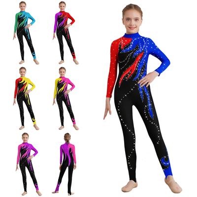 Macacão de Ginástica Color Block para Meninas Gola Alta Manga Longa Strass Brilhantes Body Collant de Corpo Inteiro
