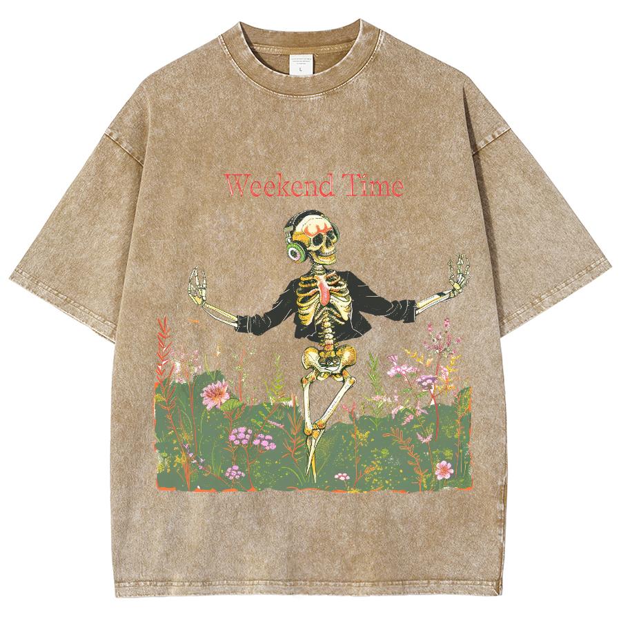 Summer Women's T-Shirt Blue Oversize Y2K Skull Print Crew Neck Loose Short Sleeve Unisex Wash Retro Funny Top