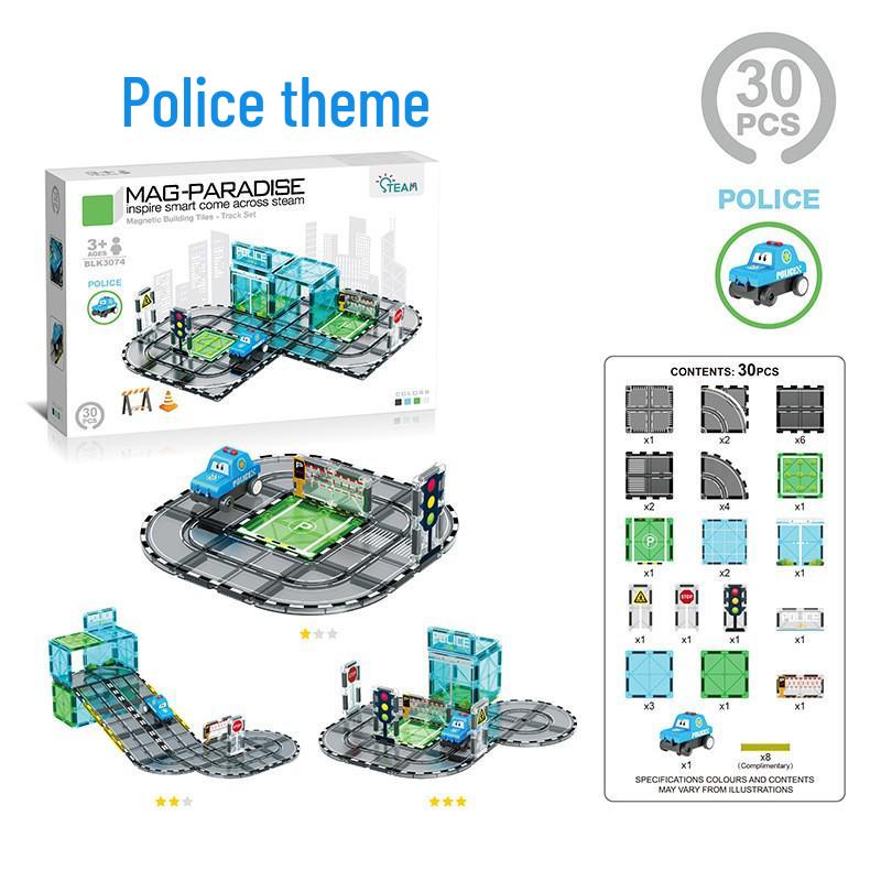 Magnetic Building Blocks & Electric Track Car City Set: Stained Glass Educational Toy for Kids