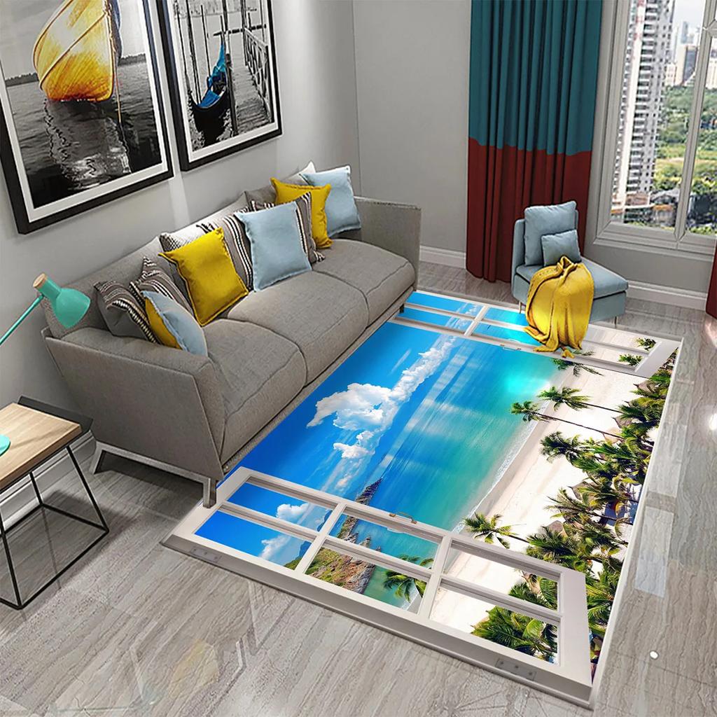 Tapete 3D Moderno Cenário de Janela Bela Vista Fora da Janela Tapetes Cozinha Banheiro Tapete Antiderrapante Sala de Estar Quarto Decoração Tapetes