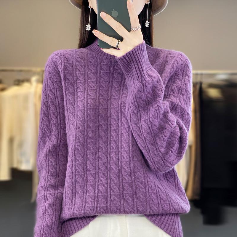 2023 Autumn/Winter Women's Korean Wool Cable Knit Round Neck Sweater