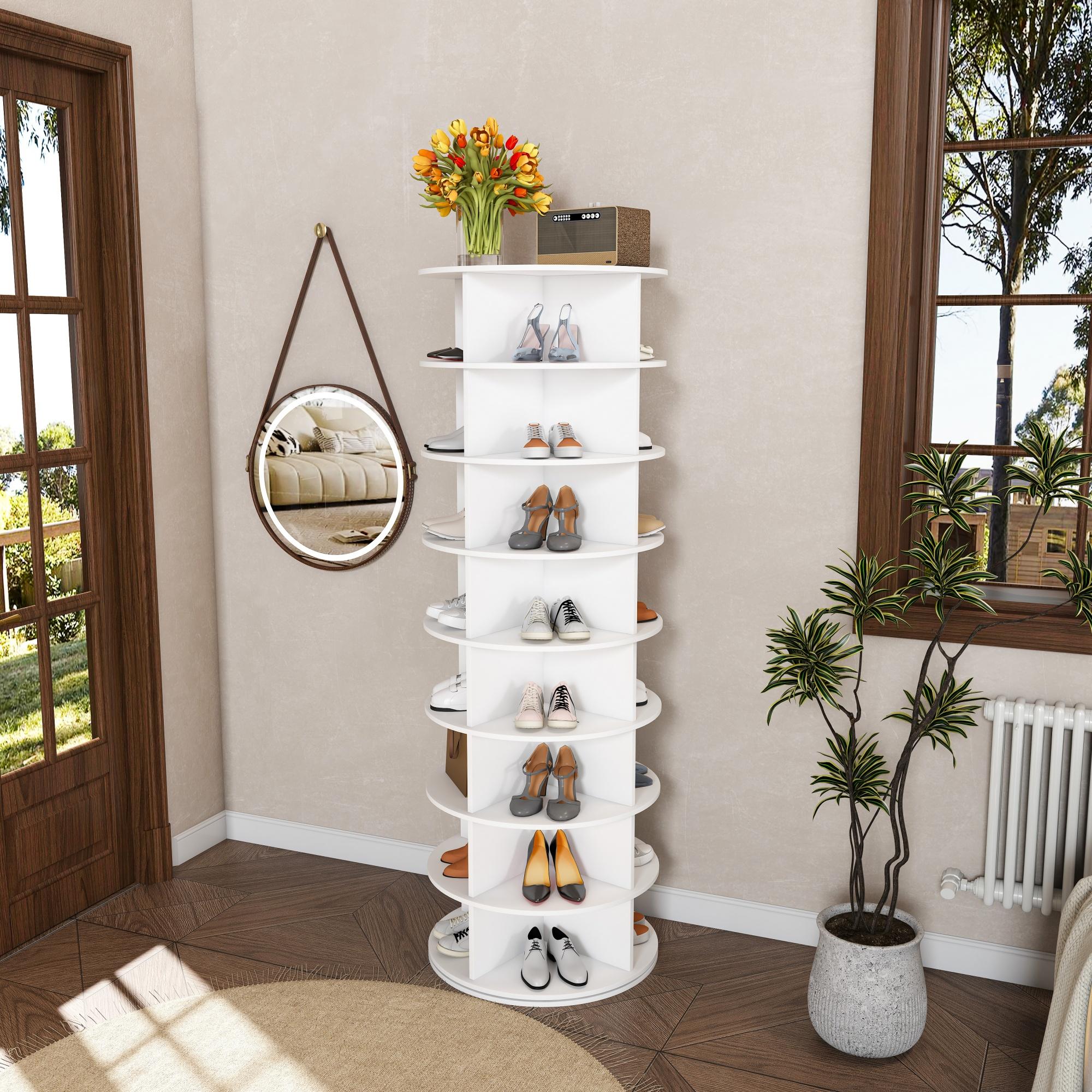 Forgó cipőtartó torony, 8 szintes forgó polc, szabadon álló 360 fokban forgó cipőrendező, 32 pár cipőhöz (8 szintes, fehér) 184 x 60 x 60 cm fehér