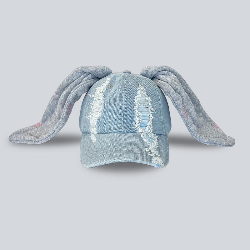 YIRAN Dayang hat Niche Y2K Konijnenoren Denim Gescheurde Baseballpet Mannen En Vrouwen Donkere Persoonlijkheid Metalen Ring Straat Trend Verstelbare Sportpet 54-58cm