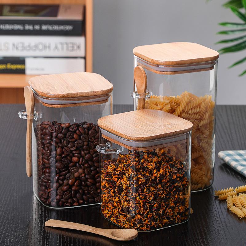 Square transparent glass sealed jar with wooden spoon seasoning box food storage tank coffee bean storage tank tea jar