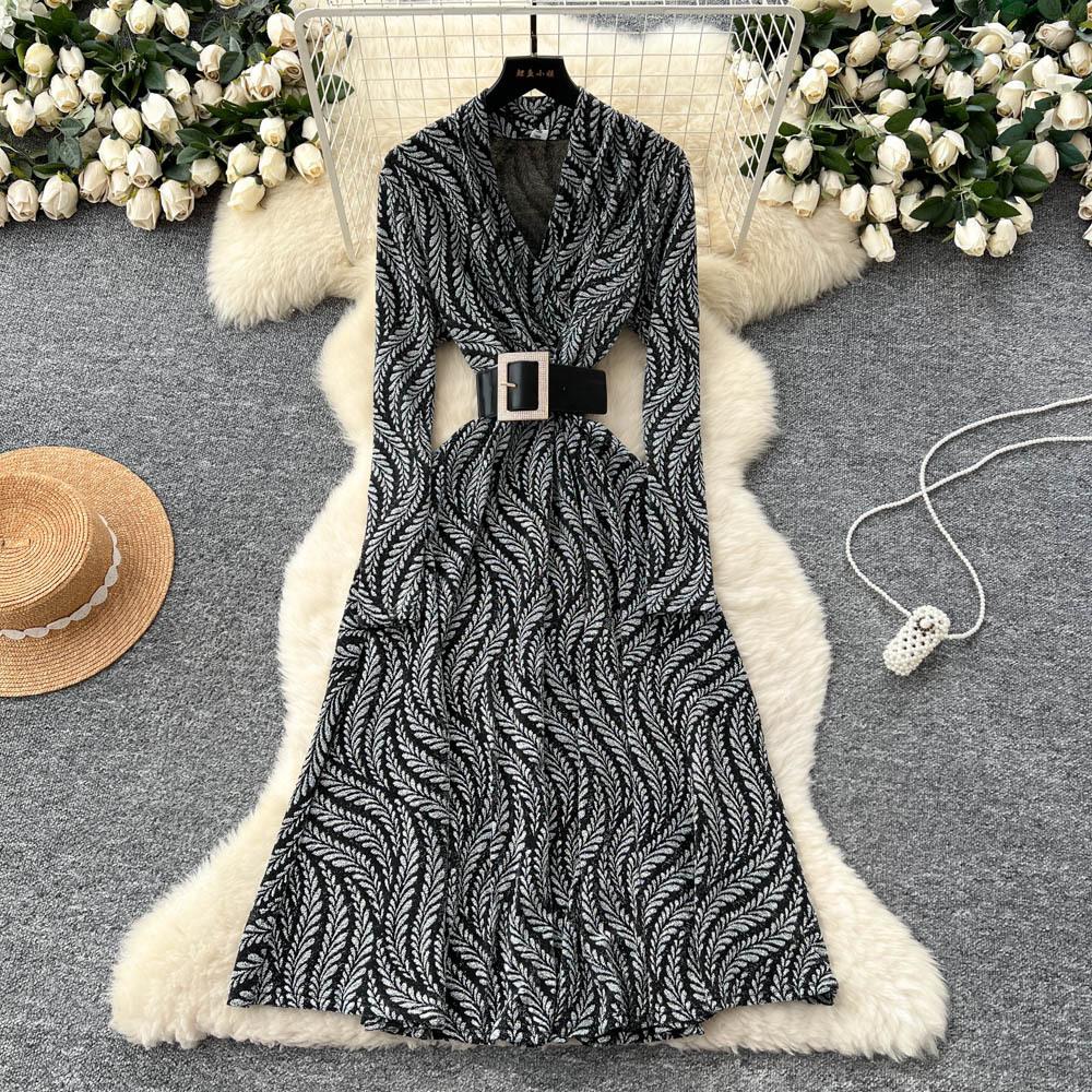 Royal Sister Fan High-end Feeling with Belt Waist Dress Women's Autumn Light and Thin Temperament Drape Print Dress