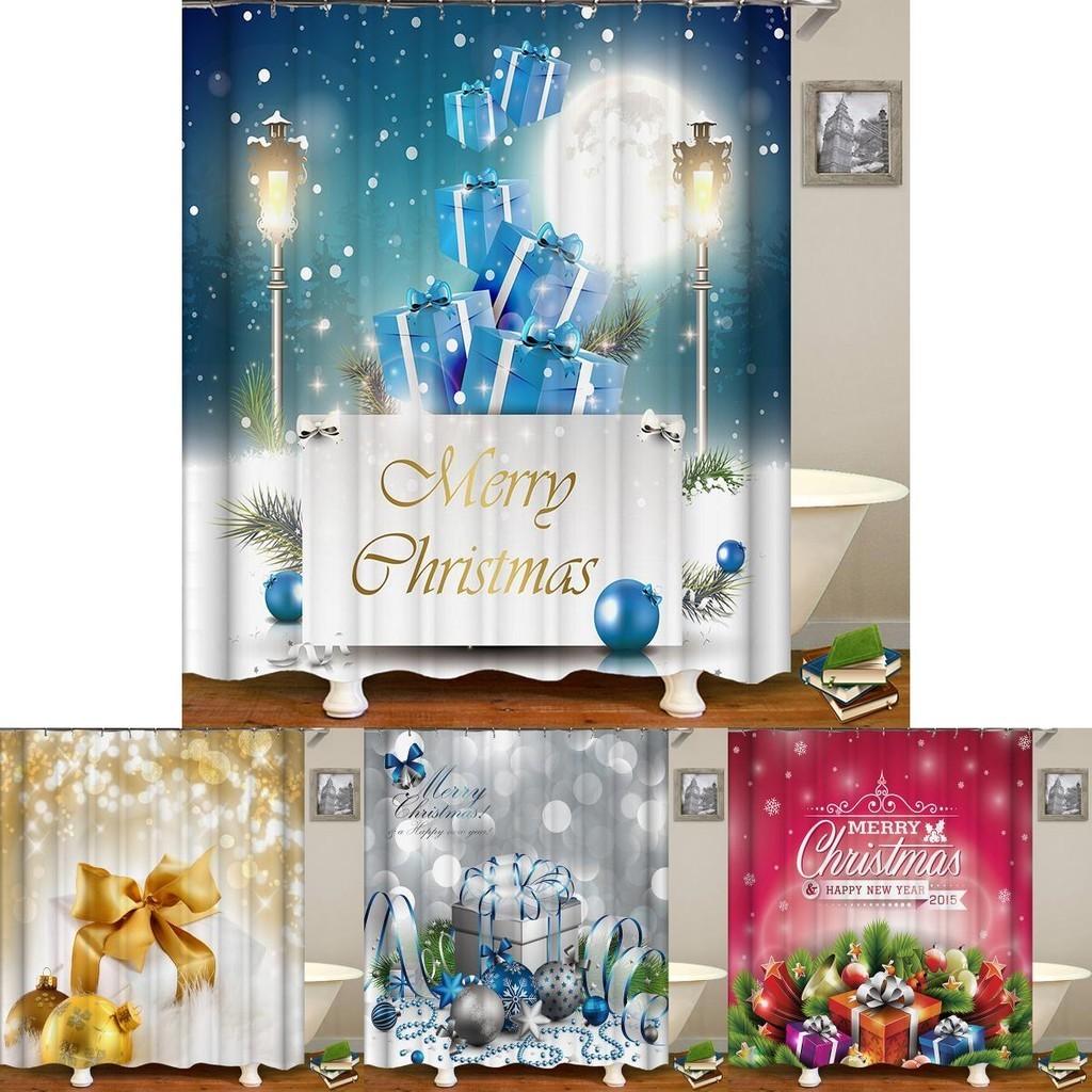 Festive Christmas Gift Boxes In Snow Shower Curtain Waterproof Fabric With Hooks