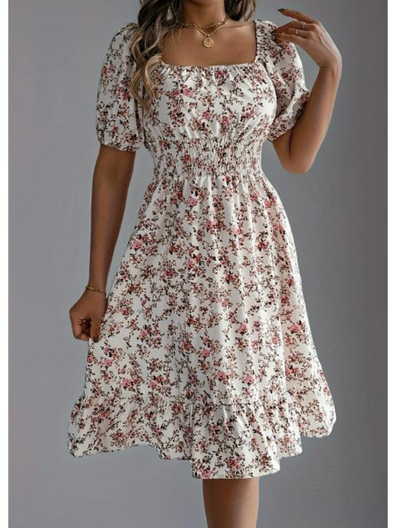 Women s Summer 2026 Floral Ruffle Short Sleeve Waist-Hugging Dress Extra Large