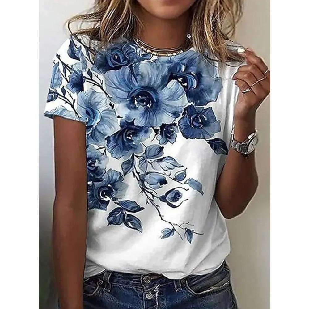 Fashionable Flower Print 3D Printed Women's New Round Neck Short Sleeved T-shirt