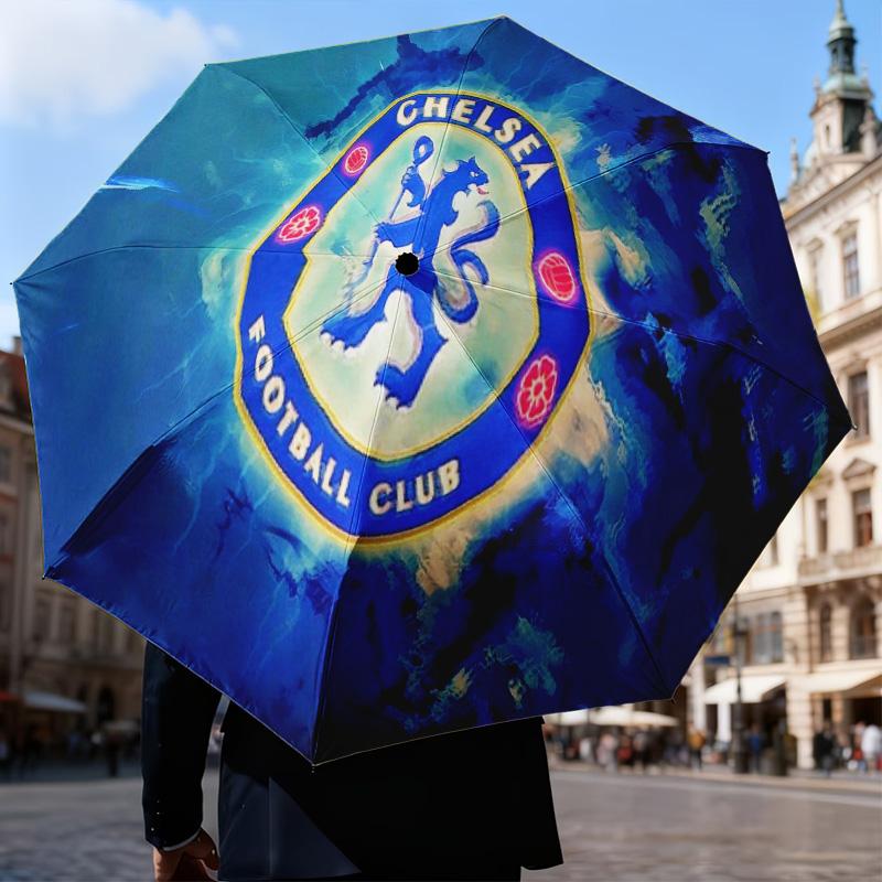 Niebieski Parasol Automatycznie Składany z Logo Chelsea Football Club - 8-żebrowy Parasol Podróżny z Automatycznym Otwieraniem/Zamykaniem i Przenośnymi Prezentami na Święta lub Urodziny