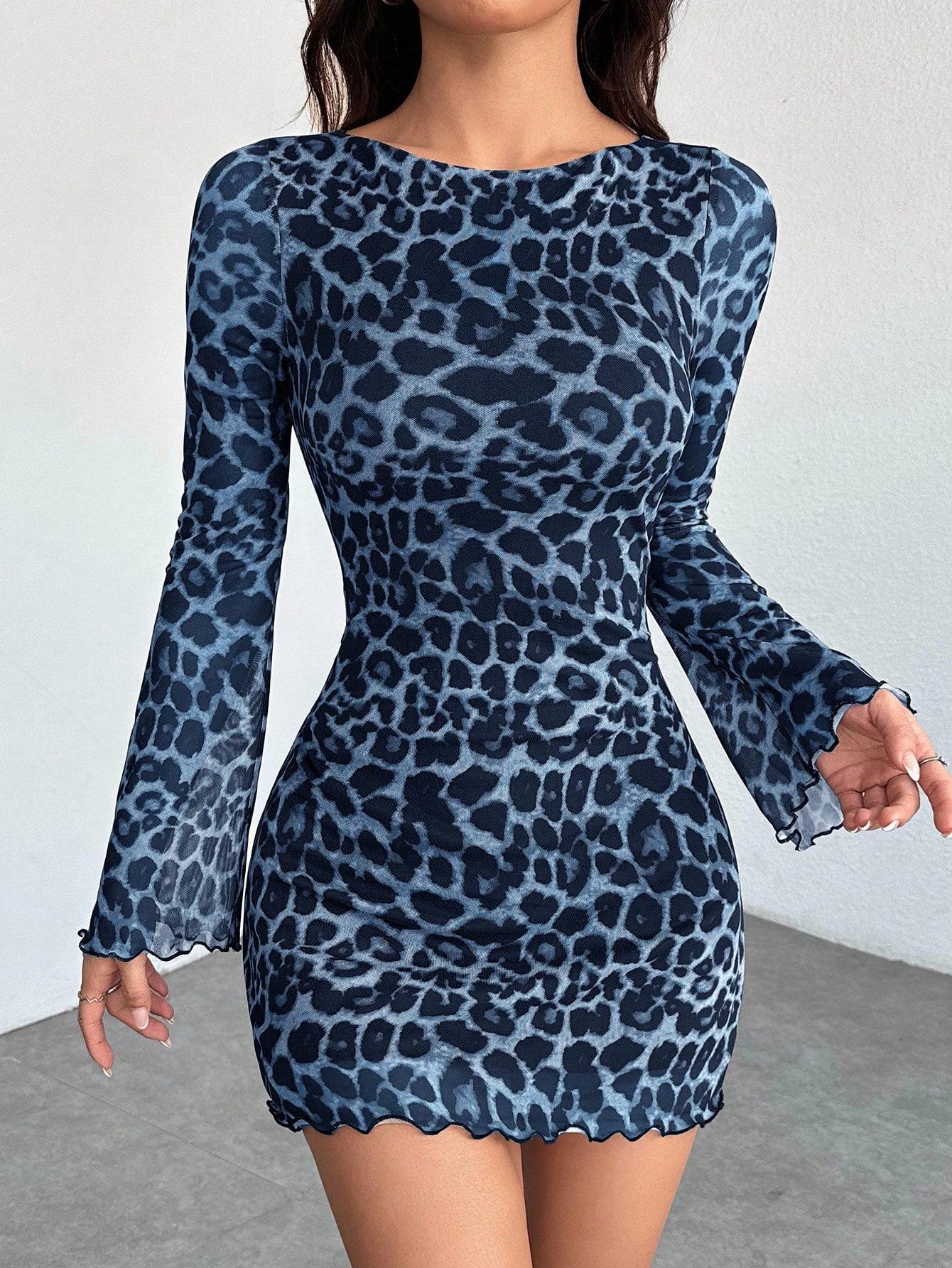 

2025 Spring/Autumn Elegant Sexy Leopard Print Long Sleeve Mesh Dress Small синій