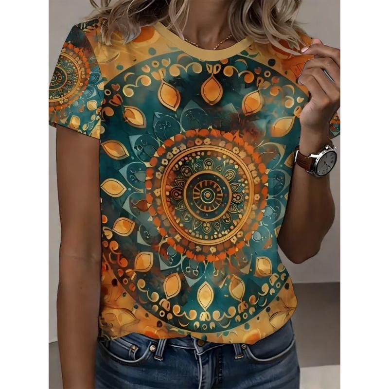 Moda Donna Girocollo Manica Corta Stampa Floreale 3D T-shirt a Manica Corta Girocollo con Fiori Colorati