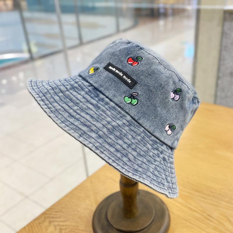 

Cherry Cute Embroidery Denim Fisherman Hat Female Trendy Chic Quality Hat Bucket синій