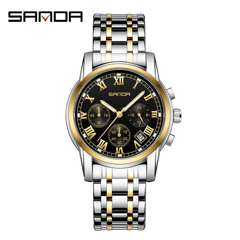 Sanda Men s Waterproof Luminous Quartz Watch - Fashionable Three-Eye Six-Hand Design with Steel Band.