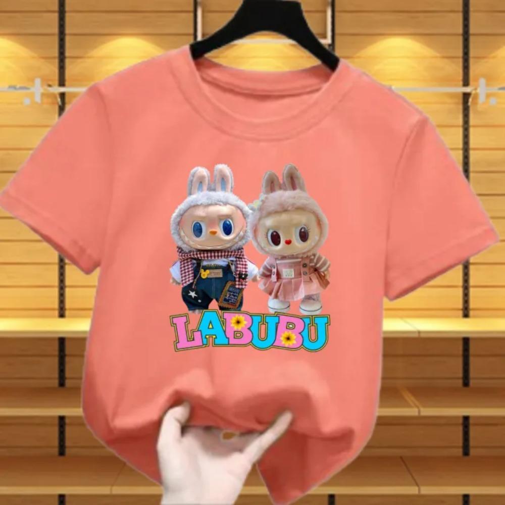 

New Labubu Children s T-shirt Scarf LABUBU and Skirt LABUBU Pattern Girl Round Neck Short Sleeve Casual Versatile Clothing 110