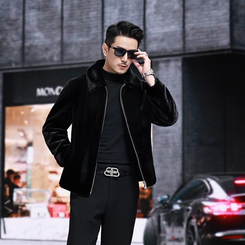 Men's Full Mink Fur Lapel Jacket - Winter Thick Faux Fur Coat