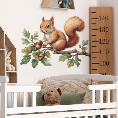 Verspieltes Eichhörnchen auf Ast Wandaufkleber Handbemalte Rustikale Wandkunst für Kinderzimmer, Wohnzimmer und Flur Heimdekoration